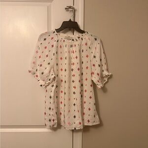LOFT White Floral Peasant Blouse in Pink & Navy